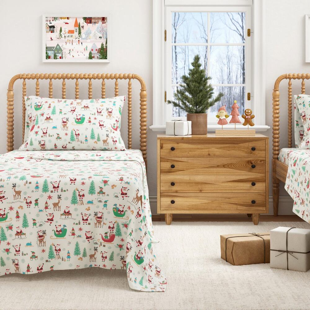 NEW! Turkish Cotton Christmas Flannel Sheet Whittaker Collection Twin Santa Joy